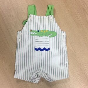 Eiseman Green & White Striped Appliqué Alligator Crocodile Pocket Front Overalls
